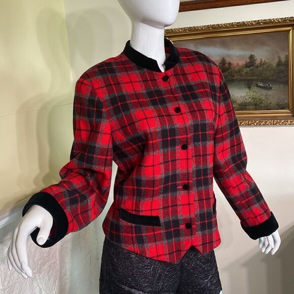 Vintage LizSport Liz Claiborne Tartan Plaid &. Velvet Tuxedo Jacket 40s Style - Picture 2 of 12